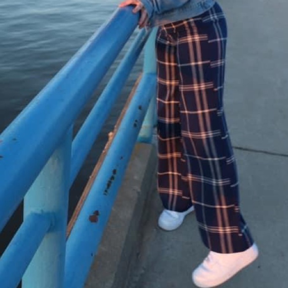 BLUE PLAID FLARE PANTS